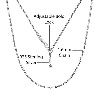 Savlano 925 Sterling Silver Italian Solid 1.6MM Figaro Adjustable Bolo 14-24 Inch Chain Necklace For Women - Made in Italy Comes With a Gift Box - style: Silver