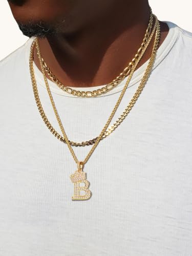 U7 Crown Initial Necklace Men Women, Bling Diamond A-Z 0-9 Letter Pendant with Wheat Chain, Silver/Black/Gold Plated CZ Alphabet Number Hip Hop Jersery for Father Husband - color: a. Gold, size: 02. B