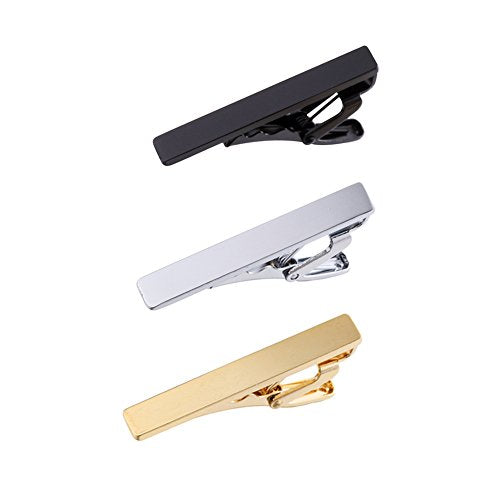 AnotherKiss 3-Pack Skinny Tie Clips for Men, Black Gold Silver Tone | Includes 3 slim tie clips in black, gold and silver tone, ideal for skinny ties, dress shirts, business wear and weddings.