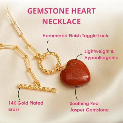 Gempires Gemstone Heart Pendant Necklace for Women, Gold Toggle Birthstone | Handmade gemstone heart pendant necklace — choose from 11 stones and birthstones, gold toggle paperclip chain. - color: Red Jasper