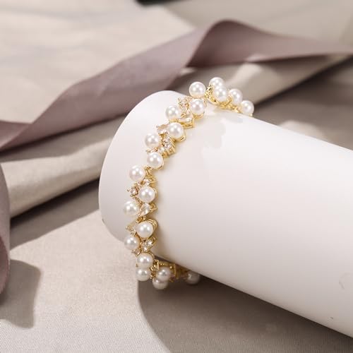 EVER FAITH Cubic Zirconia Pearl Bridal Prom Tennis Bracelet for Women | Elegant Pear CZ Wedding Jewelry Gift, for Bride Bridesmaid - style: Drop_Gold-Plated-Brass