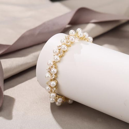 EVER FAITH Cubic Zirconia Pearl Bridal Prom Tennis Bracelet for Women | Elegant Pear CZ Wedding Jewelry Gift, for Bride Bridesmaid - style: Drop_Gold-Plated-Brass