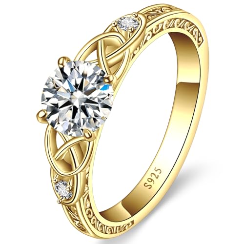 Yaresul Vintage Celtic Knot Women's Engagement Ring Sets Size 5-9 | 925 Sterling Silver/14K Gold Plated Stackable Wedding Bands Rings Cubic Zirconia Women Bridal Sets Wedding Ring Band - color: F-14K Gold-Ronud Cut