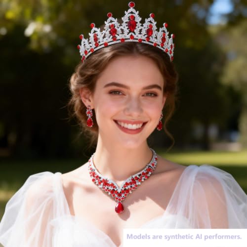 Kamirola Bridal Wedding Tiara Crown Jewelry Set for Women/Brides/Bridesmaids Crystal Jewelry Set for Wedding Prom Party Bridal Crystal Necklace Earrings Bracelet Set(TR60) - color: Silver Red