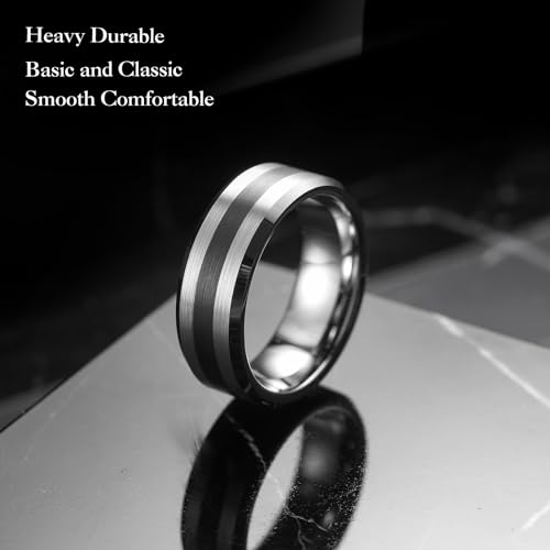 King Will Classic Tungsten Carbide Ring Brushed Two Grooved Center Hammered Design Mens Wedding Band for Men | Black/Silver/Gold, 8mm, Men's Wedding Band, Grooved, Comfort Fit, Everyday Wear - color: B-Silver 8mm