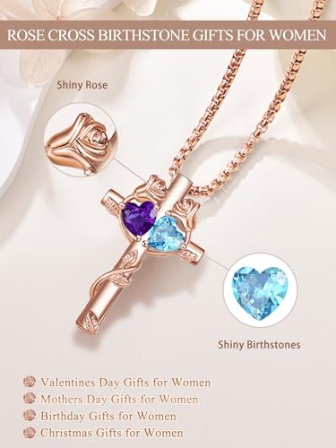 Rose Gold Cross Necklace with 2 Birthstones and Rose | Cross with Birthstone Necklace, Hypoallergenic, Adjustable Rolo Chain, Birthday Gifts, Catholic Christian Religious Jewelry - color: 02-03-Feb-Mar Birthstone