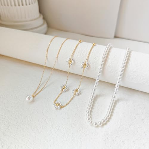 LULII Pearl Necklaces for Women 14K Gold Plated Dainty Layered Single Pearl Necklace Simple Daisy Pearls Choker Cute Gold Necklace Stack Jewelry Sets for Women Trendy Gifts - color: Gold-Layered Daisy Pearl Set