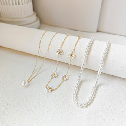 LULII Pearl Necklaces for Women 14K Gold Plated Dainty Layered Single Pearl Necklace Simple Daisy Pearls Choker Cute Gold Necklace Stack Jewelry Sets for Women Trendy Gifts - color: Gold-Layered Daisy Pearl Set