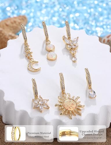 JOERICA 6 Pcs 14G Clicker Belly Button Ring for Women 316L Surgical Steel Butterfly Snake Evil Eye Heart CZ Opal Dangle Belly Button Rings Simple Reverse Navel Rings Body Belly Piercing Jewelry - color: Gold Tone B