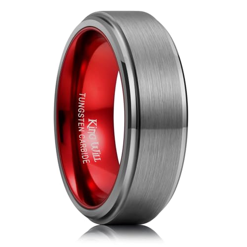 King Will Mens Brushed Wedding Band, Two Tone Matte Step Edges/Pipe Cut, Tungsten Carbide Anniversary Promise Rings Comfort Fit - color: Silver&Red-8mm