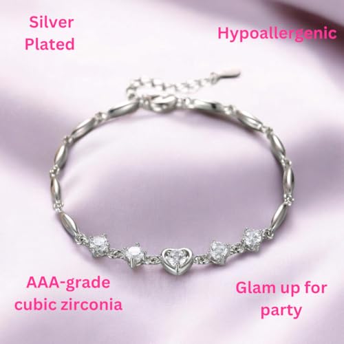 Nilu's Collection Women's Copper Sterling Silver Heart Shape Stone Charm Bracelet - color: White & Silver