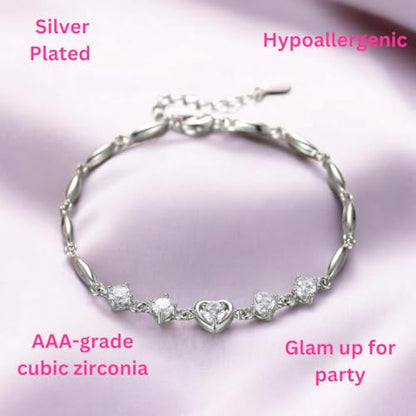 Nilu's Collection Women's Copper Sterling Silver Heart Shape Stone Charm Bracelet - color: White & Silver
