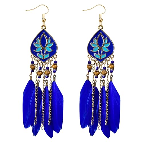Long Tassel Feather Earrings for Women Handmade Vintage Bohemian Multicolor Tassel Feathers Dangle Drop Earrings Jewelry - color: blue