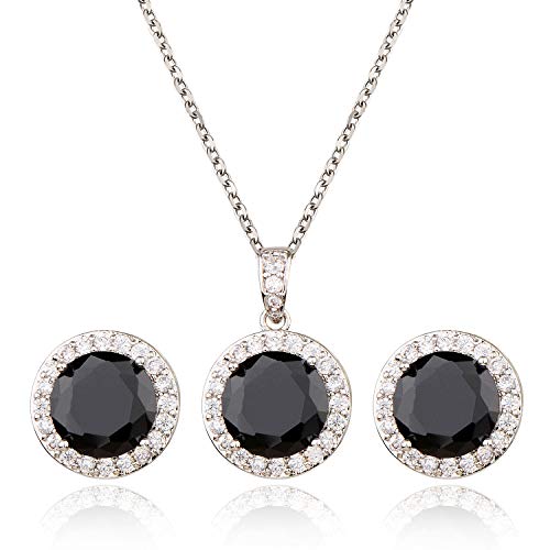 Bridal Crystal Jewelry Set - Sterling Silver Round Cubic Zirconia CZ Rhinestone Halo Birthstone Pendant Necklace Stud Earrings Set for Wedding Bride Bridesmaids Birthday Gift - color: Black