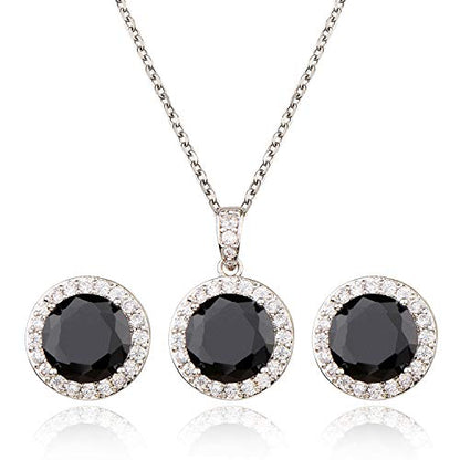 Bridal Crystal Jewelry Set - Sterling Silver Round Cubic Zirconia CZ Rhinestone Halo Birthstone Pendant Necklace Stud Earrings Set for Wedding Bride Bridesmaids Birthday Gift - color: Black