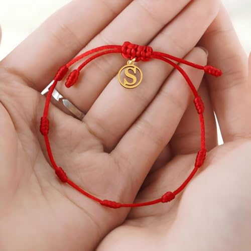 Red String Bracelet with Initial Letter and 7 Protective Knots – Adjustable Kabbalah Bracelet for Women & Men, Personalized Good Luck Charm for Positive Energy - color: s