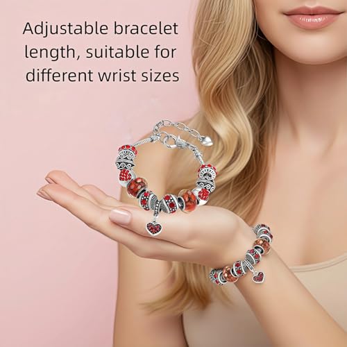 Pink Hearts Silver Plated Charm Bracelet, DIY Jewelry for Women with Beads, Charms, and Adjustable Snake Chain, Fits 7.5"+1.5" - color: Red, size: 18cm