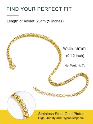 ChainsPro Resizable Anklet Chain for Women Men, Figaro/Wheat/Twist Rope/Cuban Foot Bracelet-Strong with Good Clasp-18K Gold Plated(Send Gift Box) - color: 08:box chain-Gold Plated