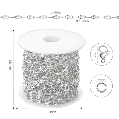 Kyutong Small Necklace Chain for Jewelry Making Stainless Steel Cable Link | 10 Meters Thin Craft Chain on Bulk Stainless Steel Jewelry Making Supplies with Lobster Clasps Jump Ring for Crafting - color: Silver Lip