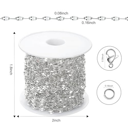 Kyutong Small Necklace Chain for Jewelry Making Stainless Steel Cable Link | 10 Meters Thin Craft Chain on Bulk Stainless Steel Jewelry Making Supplies with Lobster Clasps Jump Ring for Crafting - color: Silver Lip