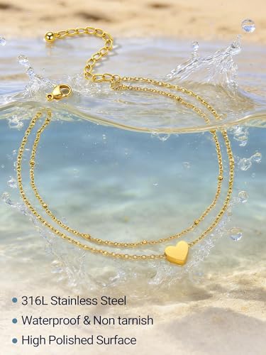PROSTEEL Ankle Bracelets for Women, Silver/Gold/Black, Waterproof Anklets | Waterproof, Stainless Steel, Summer Beach Jewelry, Durable & No Tarnish, Come with Gift Box, 8-10.5" Adjustable, Plus Size - color: E: gold-heart layered