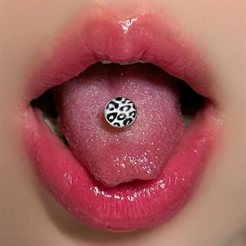 Leopard Print Tongue Ring for Women 14G Stainless Steel Circle Straight Barbell Tongue Rings Internally Threaded 5/7 Inches Piercing Jewelry - color: White