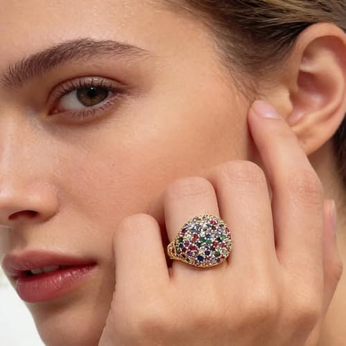Luxury Dome Cubic Zirconia Adjustable Open Statement Ring for Women Men Gold-Tone Dainty Sparkly Crystal Colorful Rhinestone Geometry Statement Stacking Finger Band Wedding Party Fashion Jewelry - color: Colorful