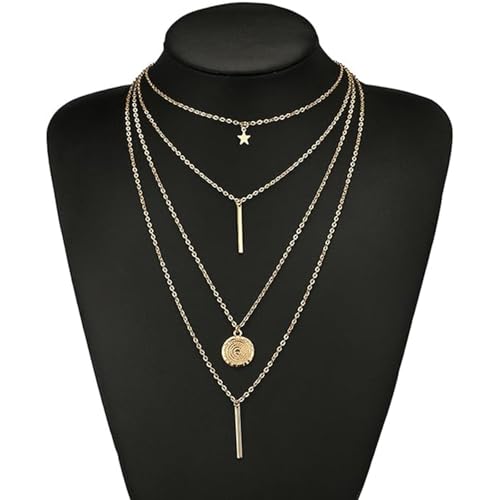 Layered Necklace Pendant Handmade Dainty Choker Bar Layering Long Necklace for Women(Silver) - color: Golden star