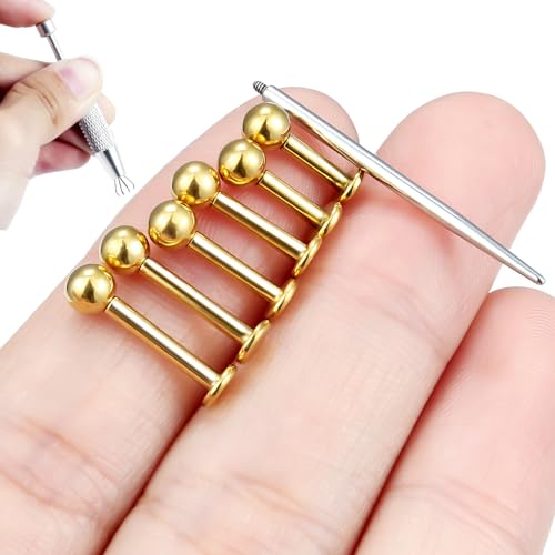 Internally Threaded Labret Studs 18G 16G 14G Surgical Steel Lip Piercing Jewelry with Claw Tool Monroe Snake Bite Jewelry Flat Back Barbell for Women Men Plus Piercing Ball Grabber Tool - color: goldtone, size: 14g,ball end