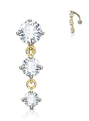 Forbidden Body Jewelry Surgical Steel Sexy Dangle Reverse Mount Triple CZ Vertical Drop Belly Button Ring - color: Gold, Round CZ's