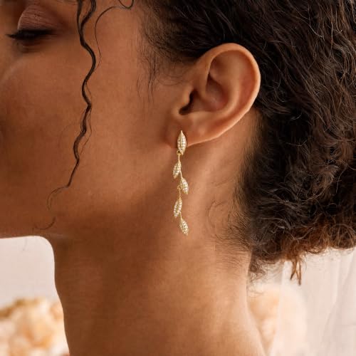 Earrings for Women - 14K Gold Plated Tassel Dangle Earrings | Leaf, Flower, Tassel Dangling Drop Earrings, Sparkling Wedding Bridal Prom Statement Jewelry Gift for Her - color: Gold Leaf