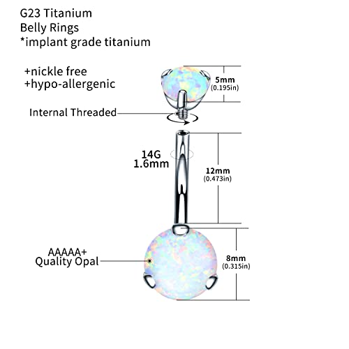 VOJO G23 Titanium Belly Button Rings Cubic Zircon Opal Hypoallergenic Threaded 14G Diamond Navel Body Piercing Jewelry Birthstone for Women - color: Claw White Opal