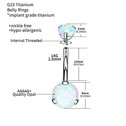 VOJO G23 Titanium Belly Button Rings Cubic Zircon Opal Hypoallergenic Threaded 14G Diamond Navel Body Piercing Jewelry Birthstone for Women - color: Claw White Opal
