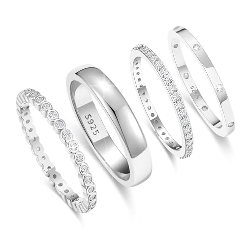 EXGOX Dainty Stackable Gold Rings - 14K Gold Plated, Non Tarnish Cubic Zirconia Stacking & Thumb Knuckle Rings (4pcs Size 7-11) - color: Silver Bands, size: 9