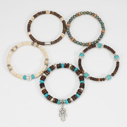 Boho Wooden Beads Bracelets Bohemian Bracelet Stack for Men Women Wood Beaded Bracelet Set - color: E
