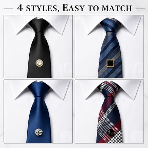 4 Pcs Tie Tack for Men, Tie Pin with Chain, Copper Tack Clutch, Suit Accessories Regular Tie Chain Necktie Lapel Pins for Business Hat Wedding Birthday(Gold/Silver/Black)