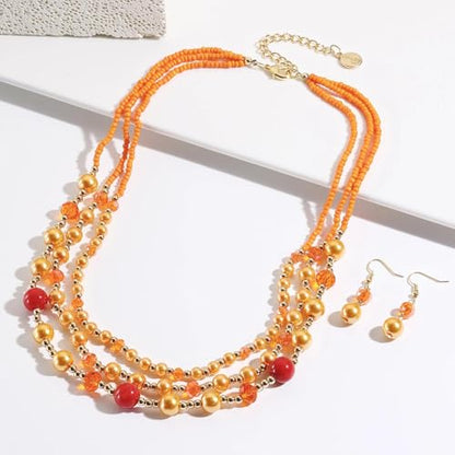 Coiris Layered Pearl Necklace and Earring Set for Women Boho Beaded Statement Choker with Faux Pearls Chunky Costume Jewelry for Wedding Party Beach Vacation Gift - color: Orange