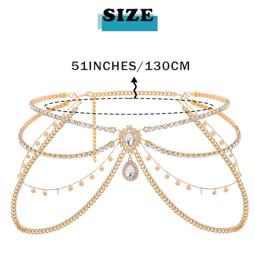 ELABEST Rhinestone Layered Chain Belt Sequin Waist Chain Body Chain Jewelry for Women - style: Gold