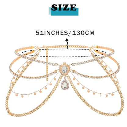 ELABEST Rhinestone Layered Chain Belt Sequin Waist Chain Body Chain Jewelry for Women - style: Gold