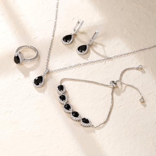 Crysdue Wedding Bridal Teardrop CZ Pendant Necklace Open Ring Dangle Earrings Adjustable Slider Bracelet Jewelry Set, Birthday Mothers Day Christmas Jewellery Gift for Women/Mom/Wife - style: 01-Teardrop Black Silver-Tone