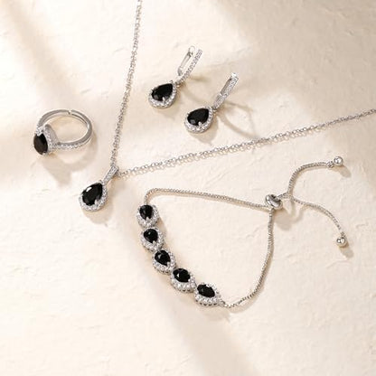 Crysdue Wedding Bridal Teardrop CZ Pendant Necklace Open Ring Dangle Earrings Adjustable Slider Bracelet Jewelry Set, Birthday Mothers Day Christmas Jewellery Gift for Women/Mom/Wife - style: 01-Teardrop Black Silver-Tone