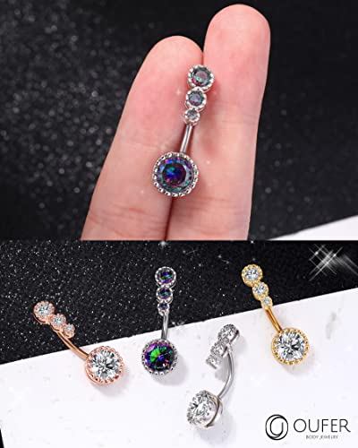OUFER 316L Surgical Steel Belly Button Rings, Clear CZ Navel Rings, Belly Piercing Jewelry - color: Silver Bar, Rainbow CZ