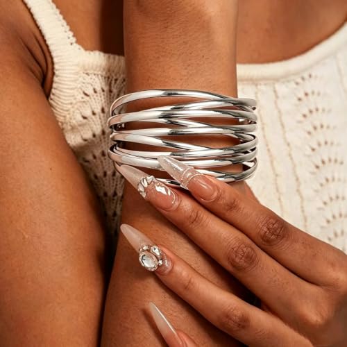 3PCS Gold Chunky Cuff Bracelets for Women Irregular Minimalist Statement Bangle Bracelets Set Open Wide Bangle Arm Cuff Upper Arm Punk Jewelry - color: 3PCS Bracelet Style 3