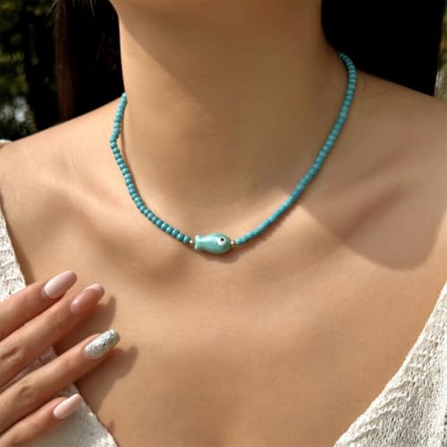 Seed Bead Choker Necklace for Women Bohemian Tiny Beads Choker Colorful Rice Bead Starfish Choker Summer Surfer Beach Necklace Jewelry Gift - color: B-Blue Fish