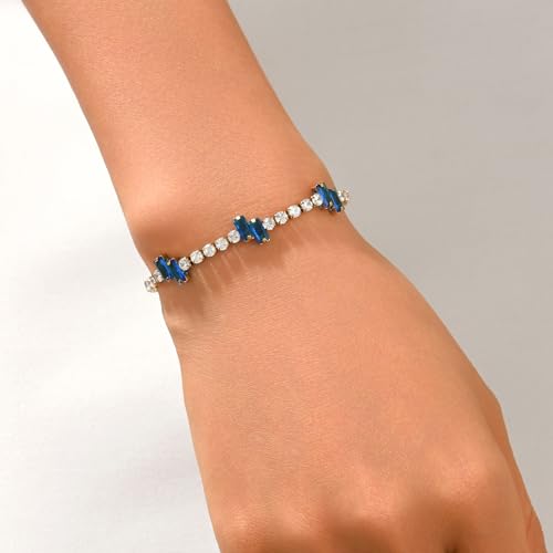 18K Gold Plated Cubic Zirconia Tennis Bracelet for Women Sparkling Stackable Stainless Steel Jewelry Hypoallergenic Tarnish Resistant Bridal Gift - color: Dark Blue Baguette CZ-Gold