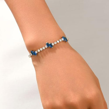 18K Gold Plated Cubic Zirconia Tennis Bracelet for Women Sparkling Stackable Stainless Steel Jewelry Hypoallergenic Tarnish Resistant Bridal Gift - color: Dark Blue Baguette CZ-Gold