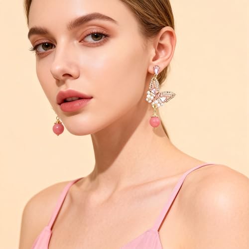 Fringe Dangling Tassel Earrings for Women, Handcrafted Chandelier Long Bohemian Beaded Cubic Zirconia Crystal Imitation Pearls Inlay Statement Boho Chain Hook Earrings for Wedding Party - color: Pink White Drop