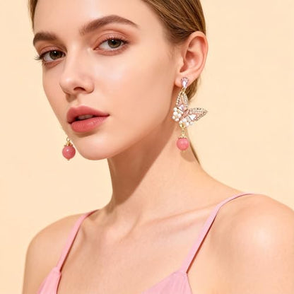 Fringe Dangling Tassel Earrings for Women, Handcrafted Chandelier Long Bohemian Beaded Cubic Zirconia Crystal Imitation Pearls Inlay Statement Boho Chain Hook Earrings for Wedding Party - color: Pink White Drop