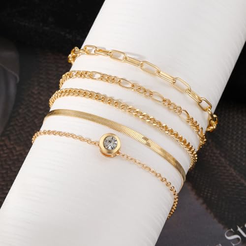 IFKM Gold Bracelets for Women, 14K Gold Plated Dainty Link Chain Bracelet set, Trendy Stackable Layered Bracelets jewelry Gifts - style: 5pcs diamond snake chain