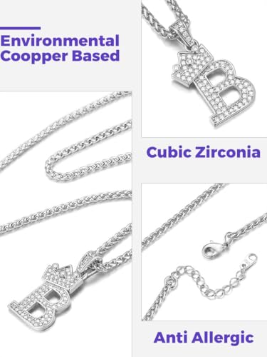 Richsteel Silver Crown Initial A-Z Letter Pendant Necklace for Men Women | Cubic Zirconia Monogram, 316L Steel Chain, 22" + 2" Extender,Hypoallergenic,Gift Box, Hip Hop Jewelry - style: B